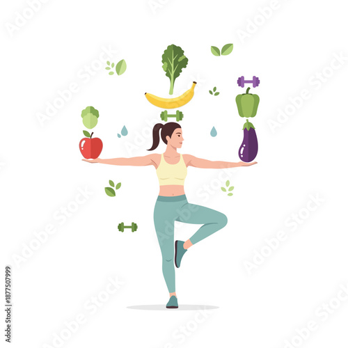 Woman balancing healthy food and fitness symbols, representing healthy lifestyle.