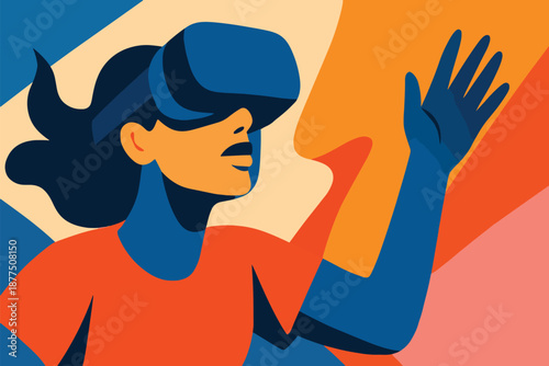 Woman Wearing Virtual Reality Headset Reaches Forward in Bold Abstract VR Illustration