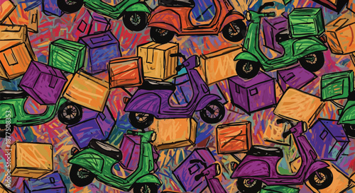 Vibrant seamless pattern featuring retro-style delivery scooters and various sized cardboard boxes, symbolizing efficient urban logistics and online shopping.