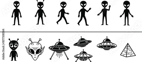 Collection of alien silhouettes, UFO flying saucer icons, extraterrestrial heads, sci‑fi pyramid illustration, space invasion symbols for fantasy design projects