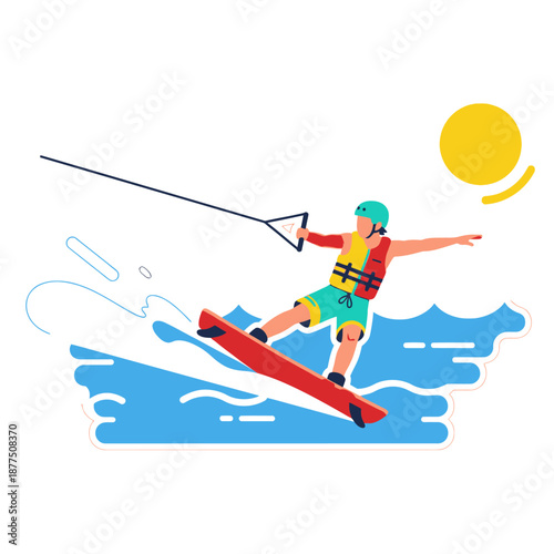 Wakeboarding Fun: Man Riding Board on Water Under Sunny Sky