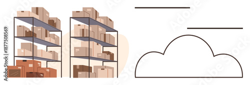 Warehousing, logistics, data storage, cloud computing, inventory management, shipping. Shelves filled with packages and cloud outline. Warehousing and logistics storage management and digital systems