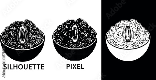 A black and white illustration of a simple bowl filled with dates isolated on transparent background

