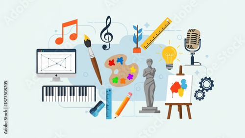 Creative tools and artistic symbols arranged in a circle on a light blue background with various objects