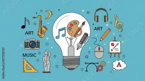 Creative ideas and inspiration for art music and education with lightbulb and various artistic tools on blue background