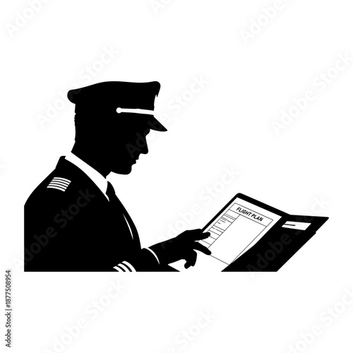 Professional Airline Pilot Reviewing Flight Documentation Silhouette.