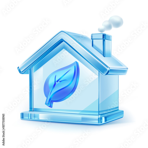 3D blue glass house icon featuring a leaf symbol inside and chimney, representing eco friendly living, energy efficiency and sustainable green technology for modern smart homes. Vector illustration.