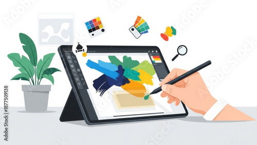 Graphic designer creating digital art on a tablet with stylus and colorful palette