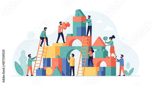 Teamwork and collaboration concept with people building a colorful block structure together
