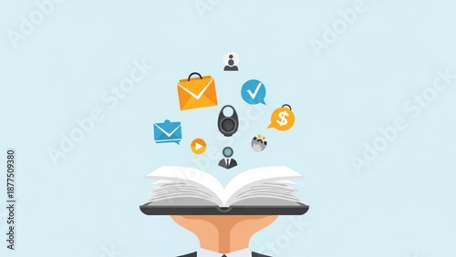 Businessman reading a book with floating icons representing online communication finance and productivity on a light blue background