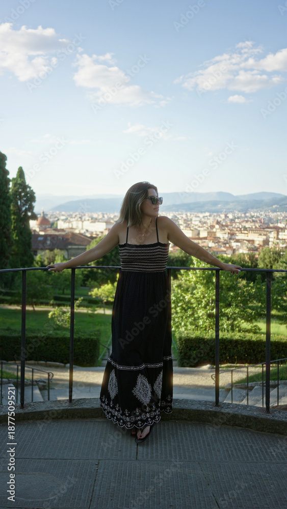 Obraz premium Woman standing with arms outstretched on viewpoint railing in florence wearing black sundress and sunglasses, bare feet visible; serenity.
