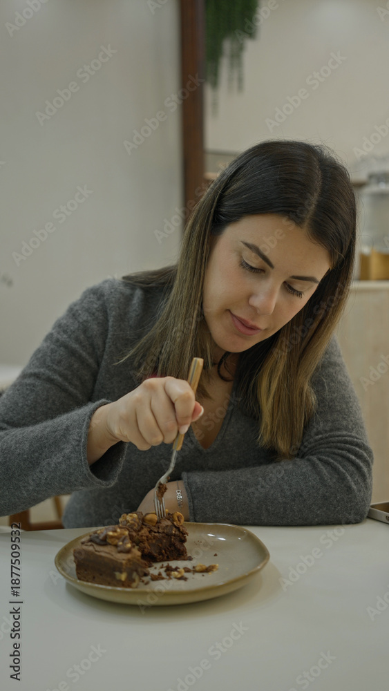© Krakenimages.com - Woman enjoying cake in luxurious modern restaurant with elegant decor, embodying indulgence and style in upscale dining setting. © Krakenimages.com - Woman enjoying cake in luxurious modern restaurant with elegant decor, embodying indulgence and style in upscale dining setting.