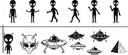 Collection of alien silhouettes, UFO flying saucers, extraterrestrial heads, sci‑fi pyramid illustration, space invasion icons, fantasy extraterrestrial design elements