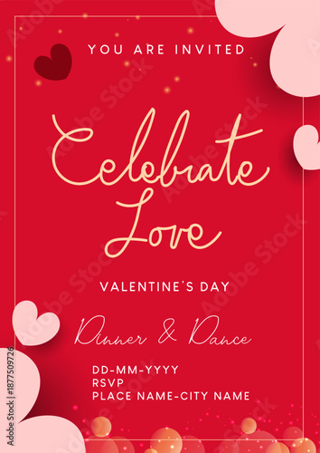 Romantic Valentine’s Day invitation card with elegant hand lettering and heart decorations.