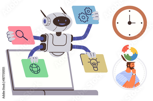 Artificial intelligence, automation, technology, innovation, time management, problem-solving. Robot performing tasks with tech icons and a clock. Artificial intelligence and automation concept