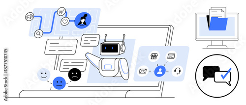Robot assisting with messages, feedback icons, user chat options, file icons, and task management. Ideal for technology, automation, AI, customer support productivity communication digital