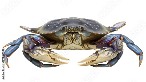 Fényképezés Isolated, facing crab with large claws and blue legs, ready to cook and serve se
