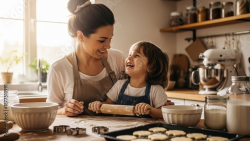Mother and daughter baking together in kitchen