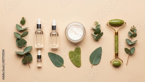 Natural wellness ingredients flat lay on beige