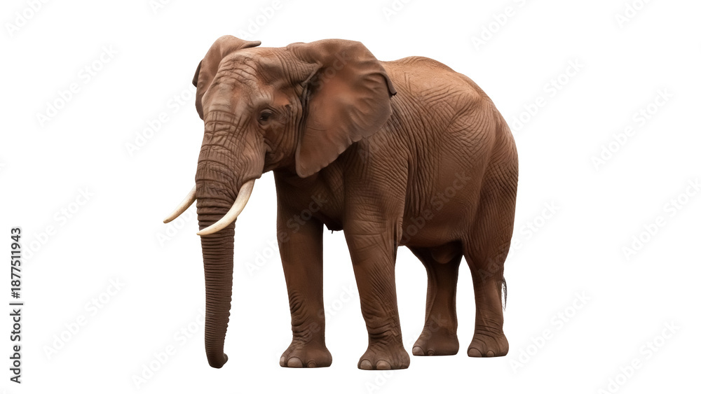 Obraz premium Isolated African elephant, standing facing viewer, its long tusks visible in eye-level shot