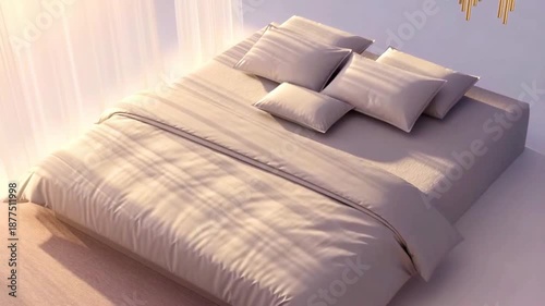 A comfortable bed with white linens bathed in warm morning sunlight.