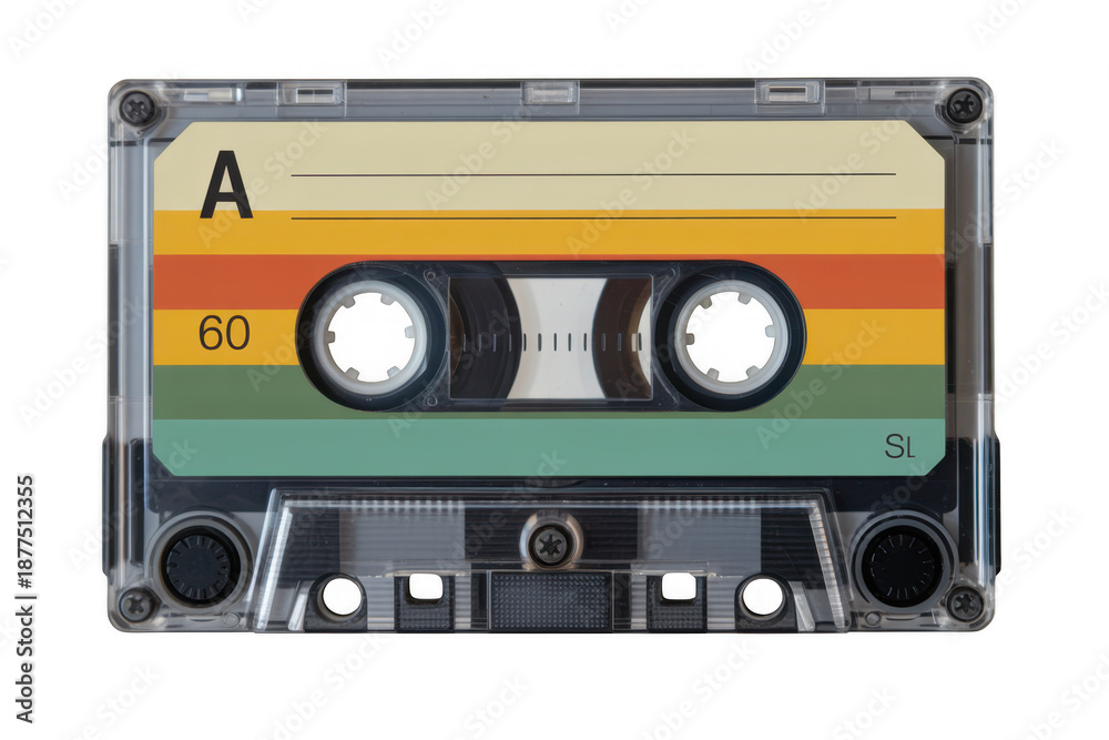 Fototapeta premium Clear cassette tape with colorful label music audio isolated on a transparent background