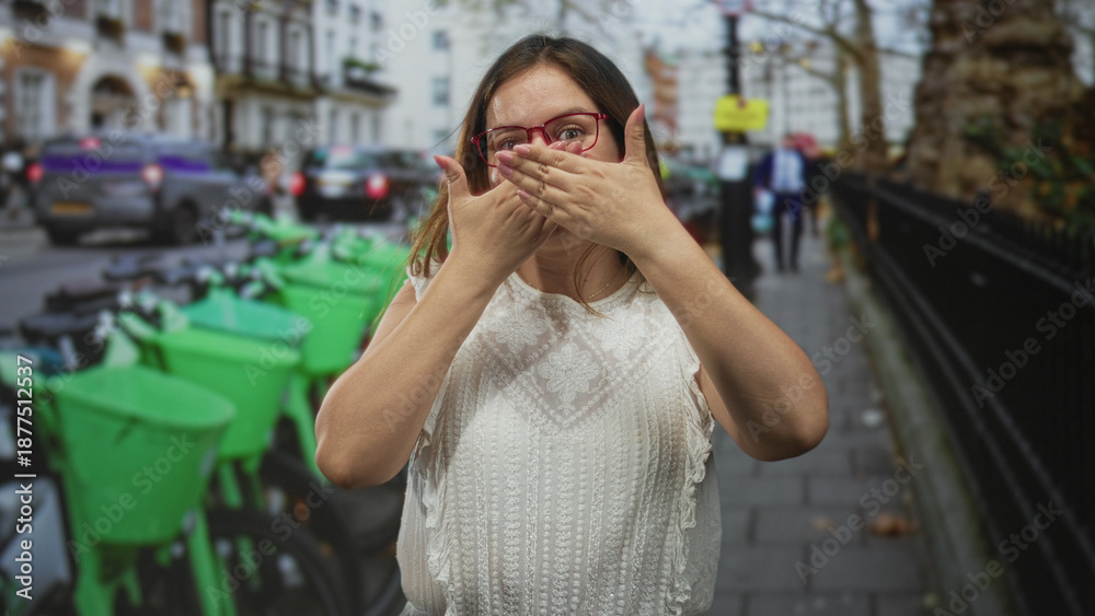 Fototapeta premium Woman in white blouse wearing red glasses covering mouth with hand among rows of green rental bikes parked on a city street; playful charm.