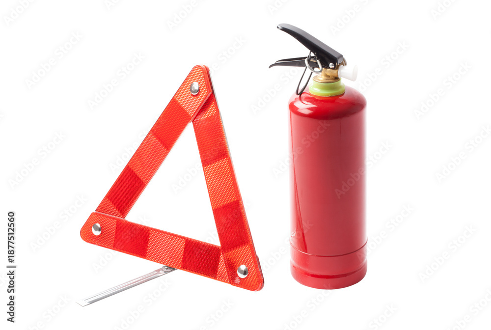 Obraz premium Emergency Road Triangle And Fire Extinguisher Isolated