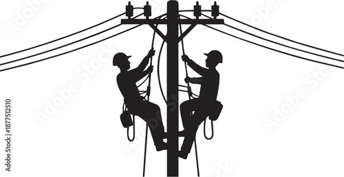 Conjunto de iconos vectoriales de servicio eléctrico: linieros, poste, herramientas, energía, trabajo, mantenimiento en silueta negra.