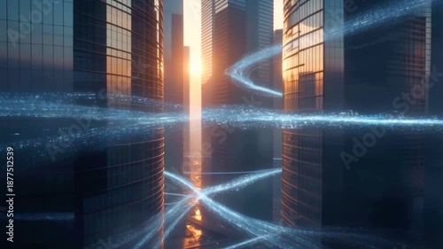 A futuristic city corridor featuring trails of flowing light