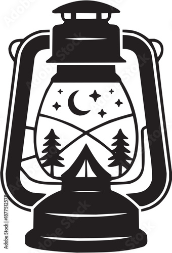 Conjunto de iconos vectoriales de paisaje nocturno: linterna, montañas, estrellas, árboles, naturaleza, escena en silueta negra.