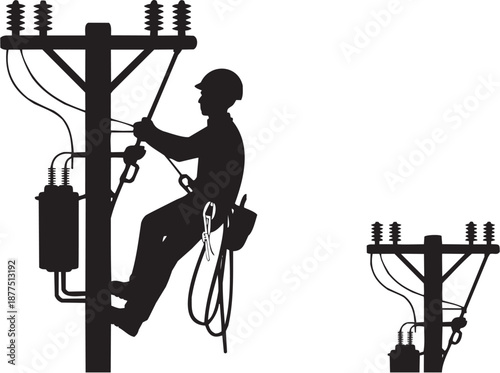 Conjunto de iconos vectoriales de servicio eléctrico: liniero, poste, líneas, herramientas, energía, mantenimiento en silueta negra.