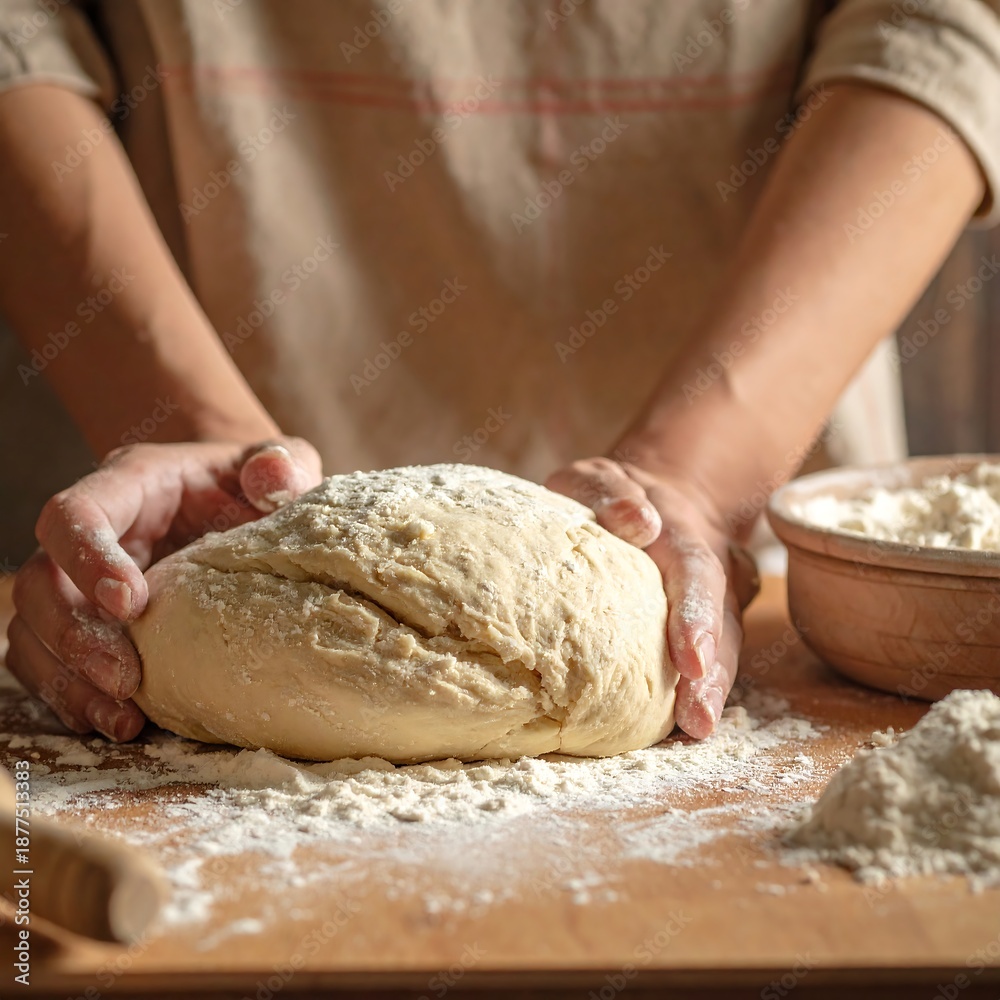 Fototapeta premium Hands kneading dough on a wooden table