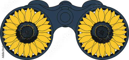 Creative binoculars with sunflowers instead of lenses on dark blue frame over grey checkered background vector design