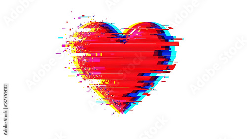 Distorted red heart with vibrant glitch effects and fragmented pixels on a black background