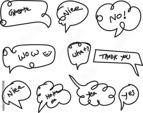 A collection of hand drawn speech bubbles with various expressions