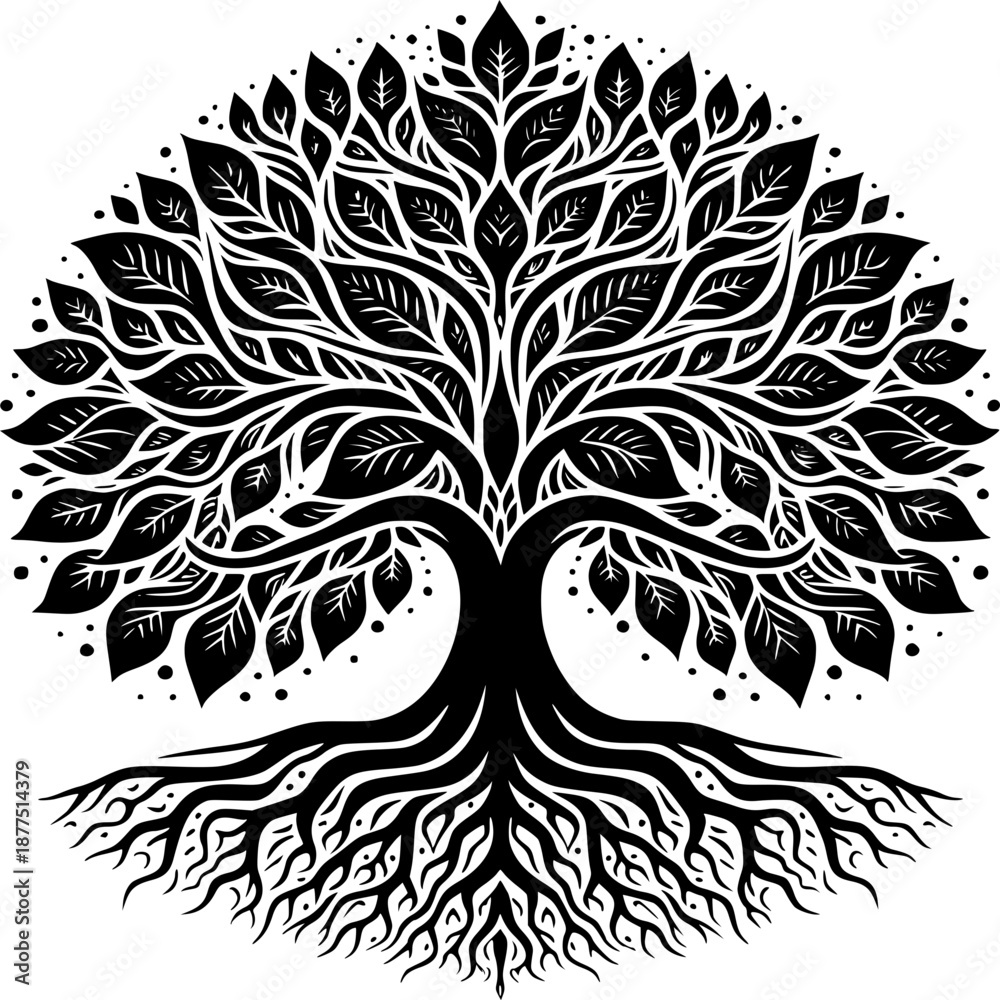Obraz premium Tree of Life – Black & White Artistic Illustration, tree with roots