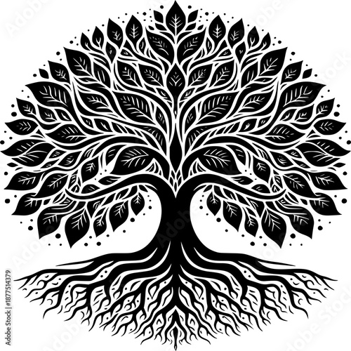 Tree of Life – Black & White Artistic Illustration, tree with roots