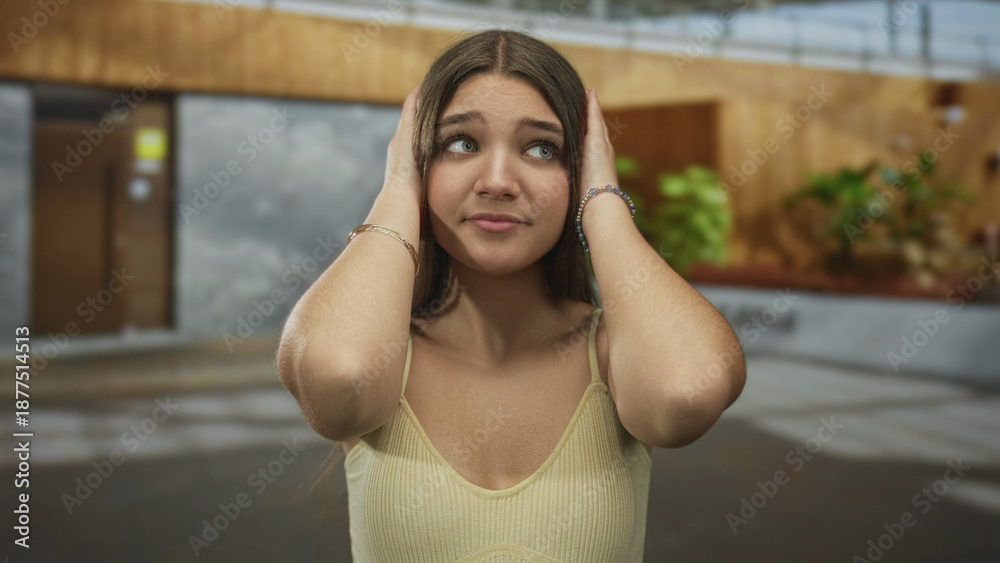 Fototapeta premium Caucasian girl in yellow top with hands over ears on a quiet street in front of a modern building; frustration.