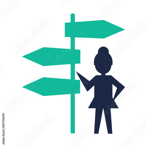 Girl silhouette choosing direction at signpost, decision making and guidance concept flat vector illustration