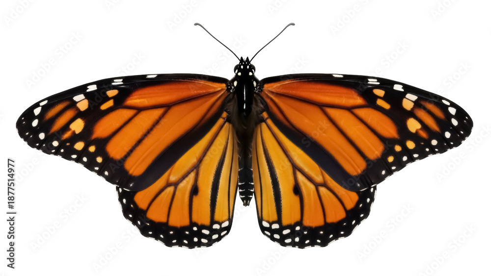 Fototapeta premium Isolated monarch butterfly with open wings, top view, bright wings, nature animal, flying insect