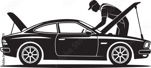 Conjunto de iconos vectoriales de servicio mecánico: persona, automóvil, reparación, mantenimiento, taller, industria en silueta negra.