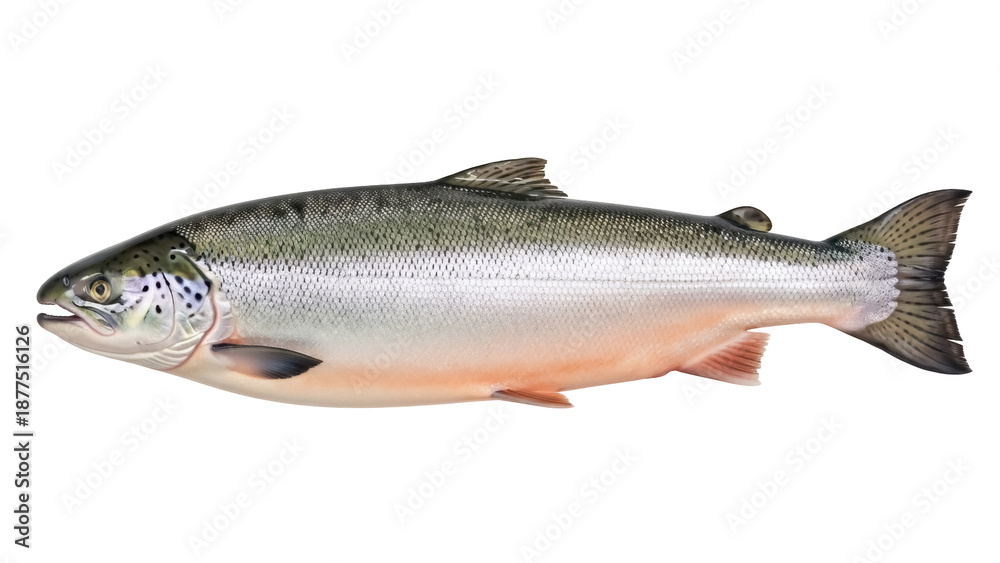Obraz premium Isolated Salmon, an edible fish with silver scales and pink belly ready for cooking