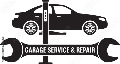 Conjunto de iconos vectoriales de servicio de taller: automóvil, elevador, reparación, mantenimiento, mecánica, industria en silueta negra.