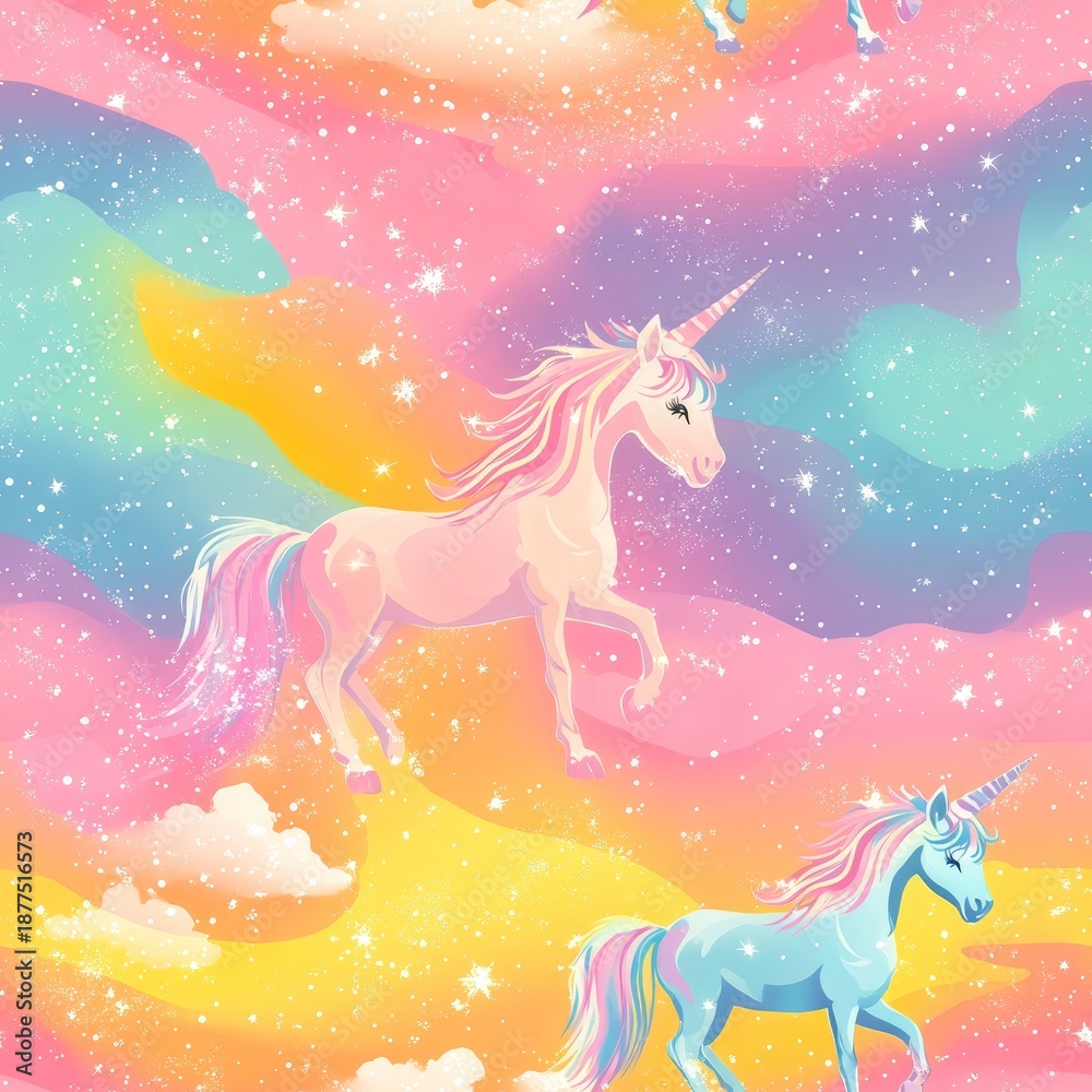 Naklejka premium Unicorns prance across a magical pastel tie dye vista, casting rainbow glimmer on a dreamy kawaii landscape