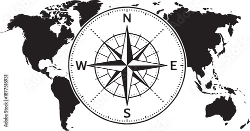 Conjunto de iconos vectoriales de servicio de navegación: rosa de los vientos, norte, sur, este, oeste, orientación en silueta negra.