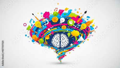 Creative brainstorming concept with colorful artistic elements and brain illustration