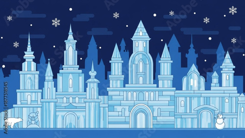 Majestic icy blue castle under starry night sky with snowflakes and polar bear