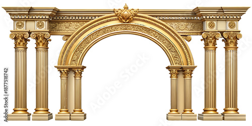 Golden ornate archway with six columns on white background isolated on a transparent background