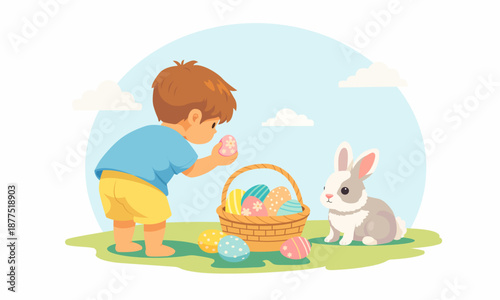 Flat vector illustration of a child collecting decorated Easter eggs outdoors near a basket and a rabbit.